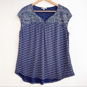 Anthropologie Skies are Blue Sleeveless Navy & White Embroidered Top Size XL
